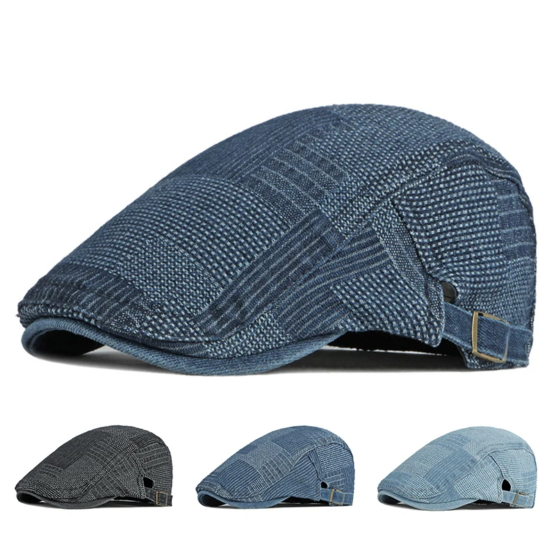 

Men's Berets Hat Washed Denim Visors Herringbone Newsboy Cap Women Spring Summer Vintage Flat Peaked Cap Gatsby Male Driver Hat