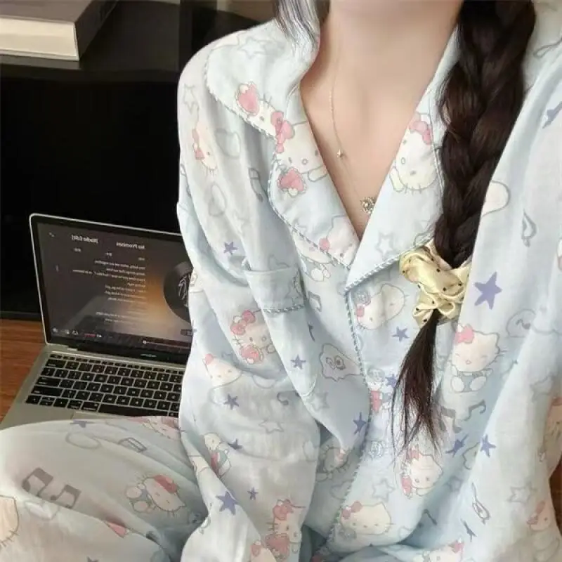 2Pcs 애니메이션 헬로 키티 여성 잠옷 봄 가을 세트 카와이 나이트 가운 만화 탑 바지 아름다운 소녀의 홈 의류 선물