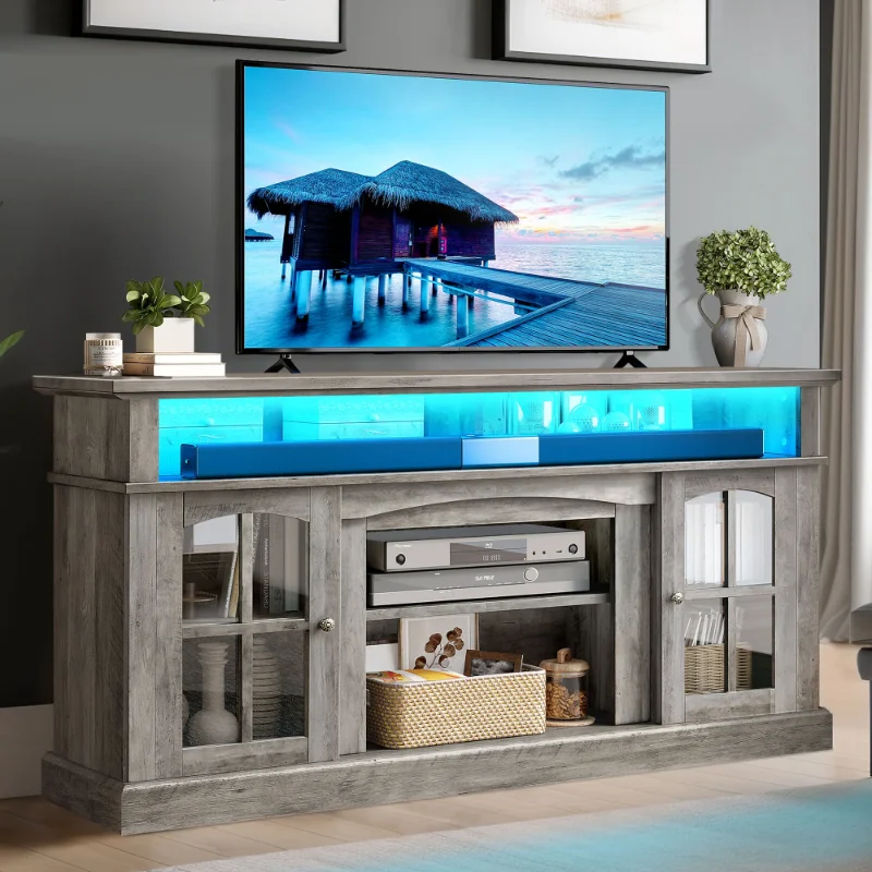 

Farmhouse LED TV Stand w/Outlets for TVs up to 70'', Wood TV Media Console for Living Room, Rustic Gray