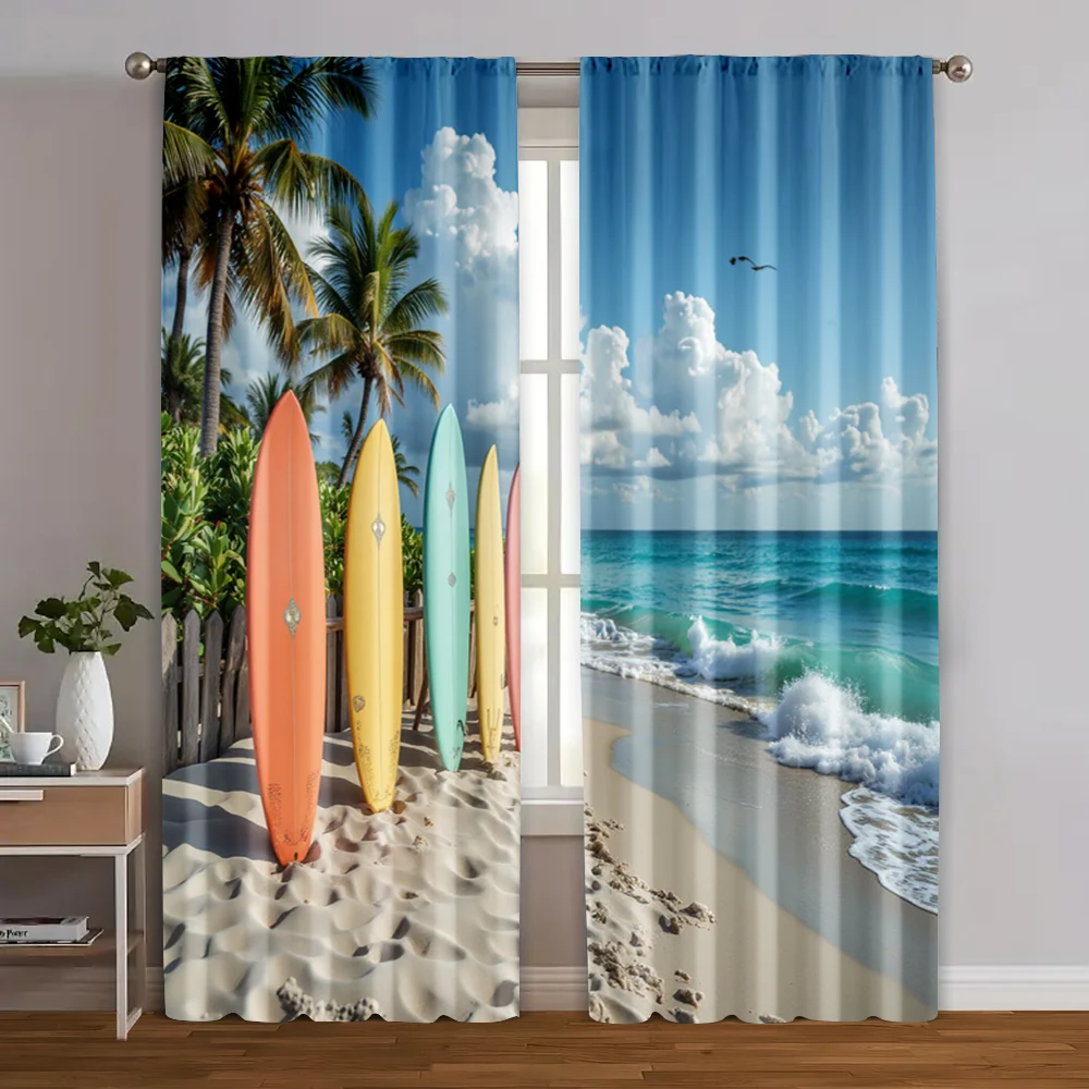 

2pcs, Pattern Curtains Surfboard, Palm Trees & Seagulls Fabric (without rod) Gifts Ldeal for Kitchen Living Room Office Bedroom