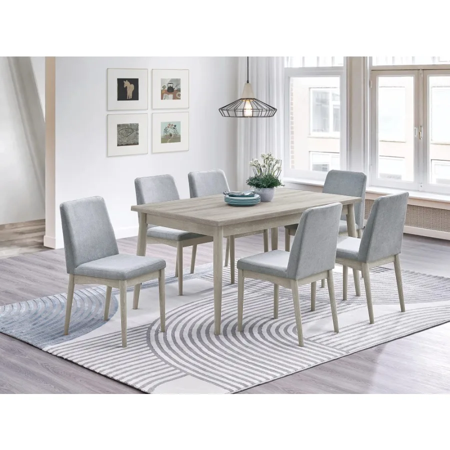 Natural Wood Grain 7pc Dining Set Rectangle Table and Chair Plush Comfort Fabric Dining Room Furniture