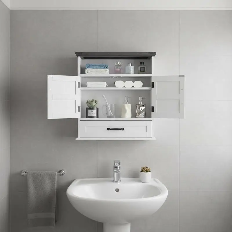 Badezimmer-Wandschrank, 2 Türen und verstellbare Ablage, Medikamentenschrank über der Toilette, Hängeschrank mit Schublade und offener Trennwand für Waschküche, Küche, Weiß