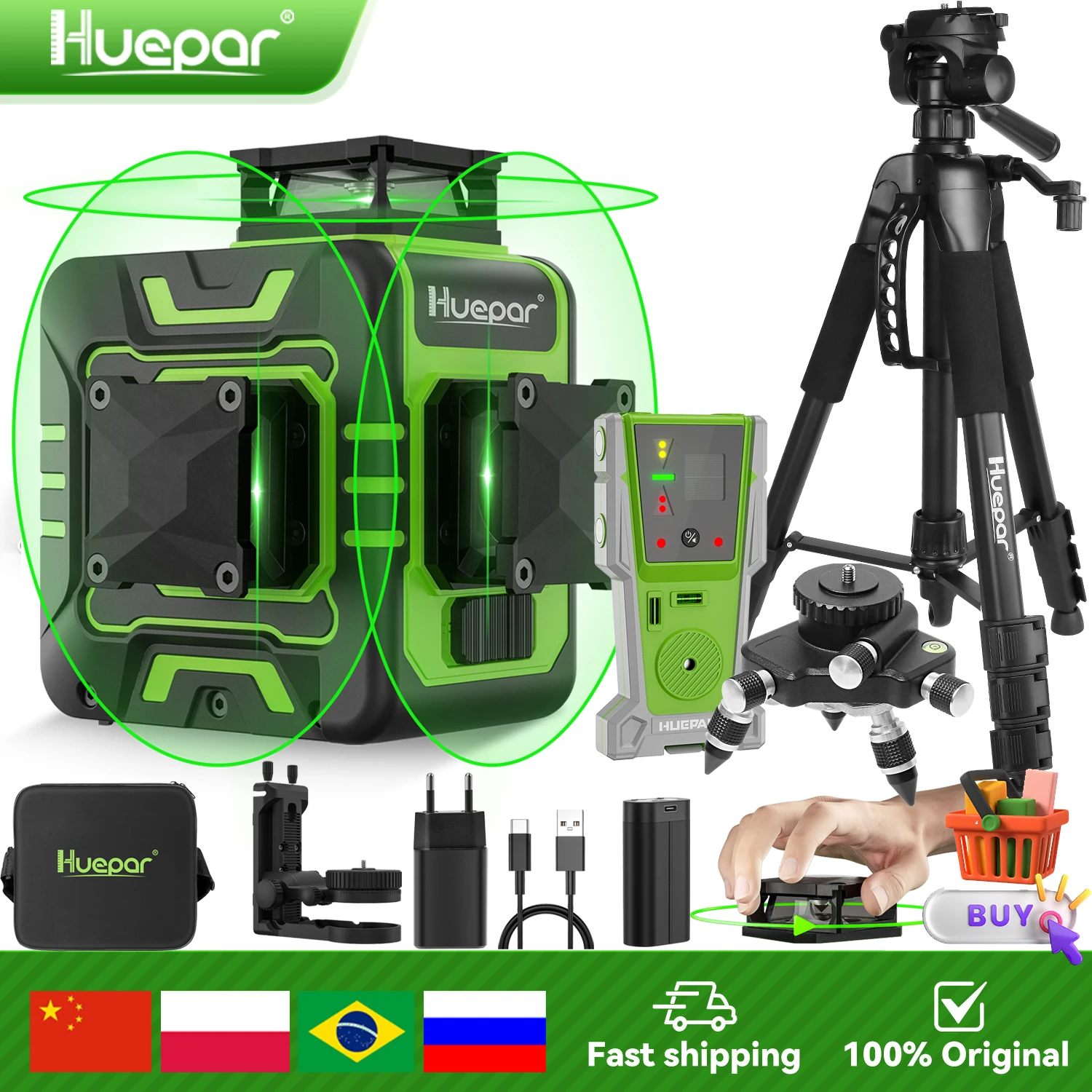 Huepar R03CG 12 Lines Laser Level Self-Leveling Cross Line Green Level Rotatable Window Cover 3D Laser Tool And Receiver Tripod