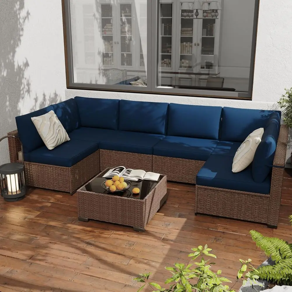 

7-Piece All-Weather Outdoor Sectional Sofa Set with Cushions & Coffee Table (Brown/Navy)