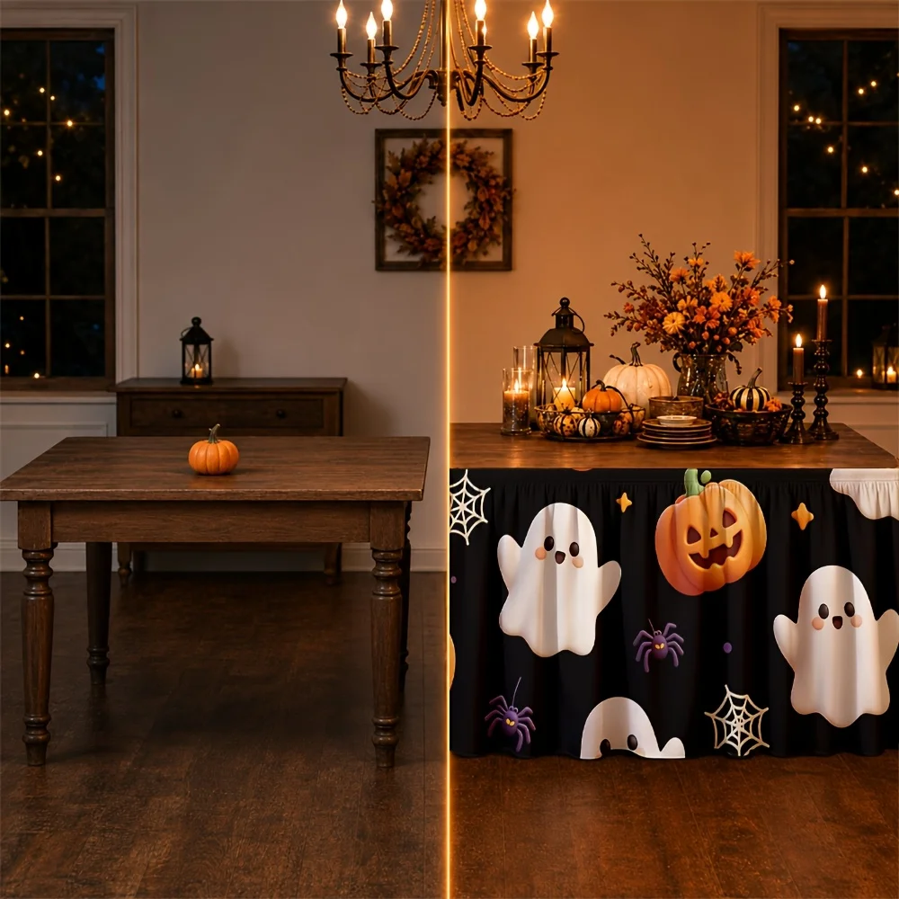 Table skirt / tableskirt - Cartoon ghost pumpkin spider web Halloween themezyc