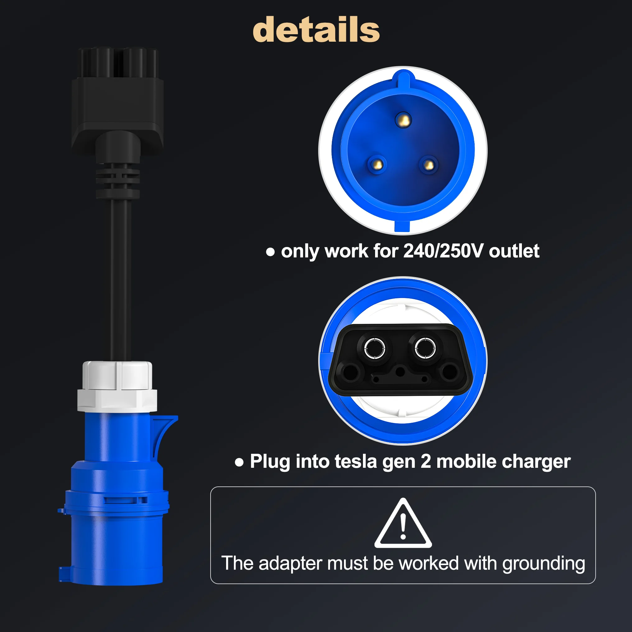 Feyree Per Tesla Adattatore CEE Blu a 3 pin Tesla Model S,3,X,Y Gen 2 EV Cavo di prolunga per caricabatterie Uscita 240 V a 32 A 10 pollici