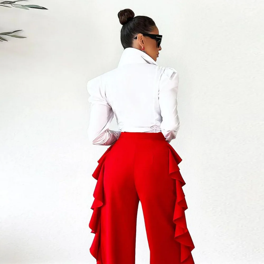2024 New Women\'s Fashion Sexy Solid Color High-waisted Elastic Flounce Ruffled Wide Legs Pants Elegance Casual Trousers