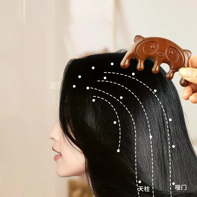 Peine de masaje de Panda de sándalo, peine meridiano para el cuero cabelludo, cara, ojos, hombros, cuello, tratamiento de raspado, cuidado del cabello, peine antiestático