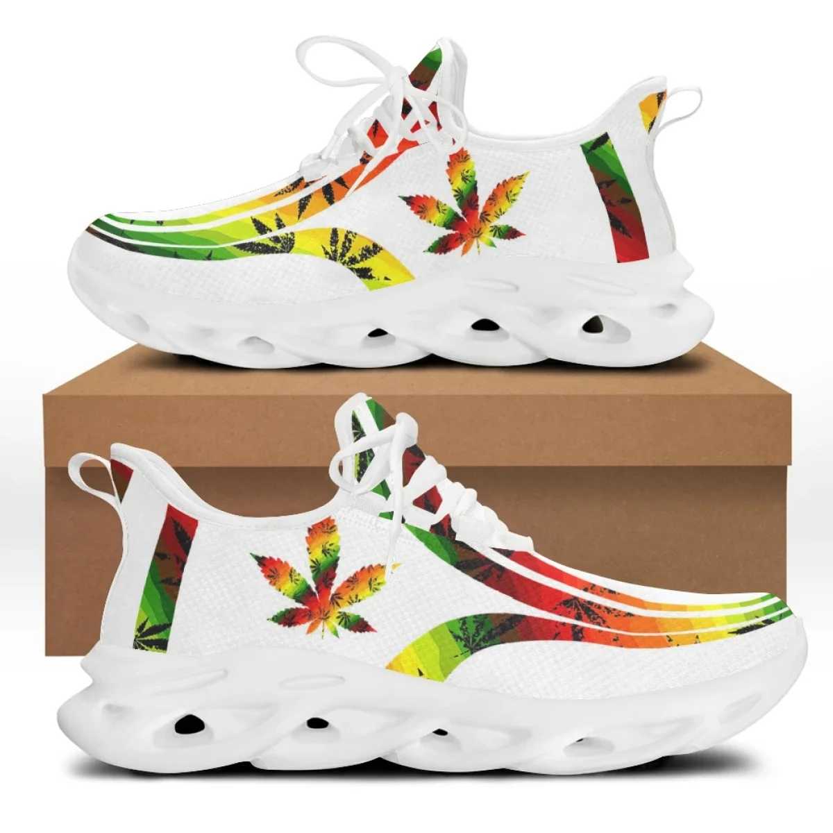 CYWGIFT Fashion Gradient 3D Weed Leaves Print Flat Shoes for Women Lightweight Eva Outsole Walking Sneakers Breathable Footwear