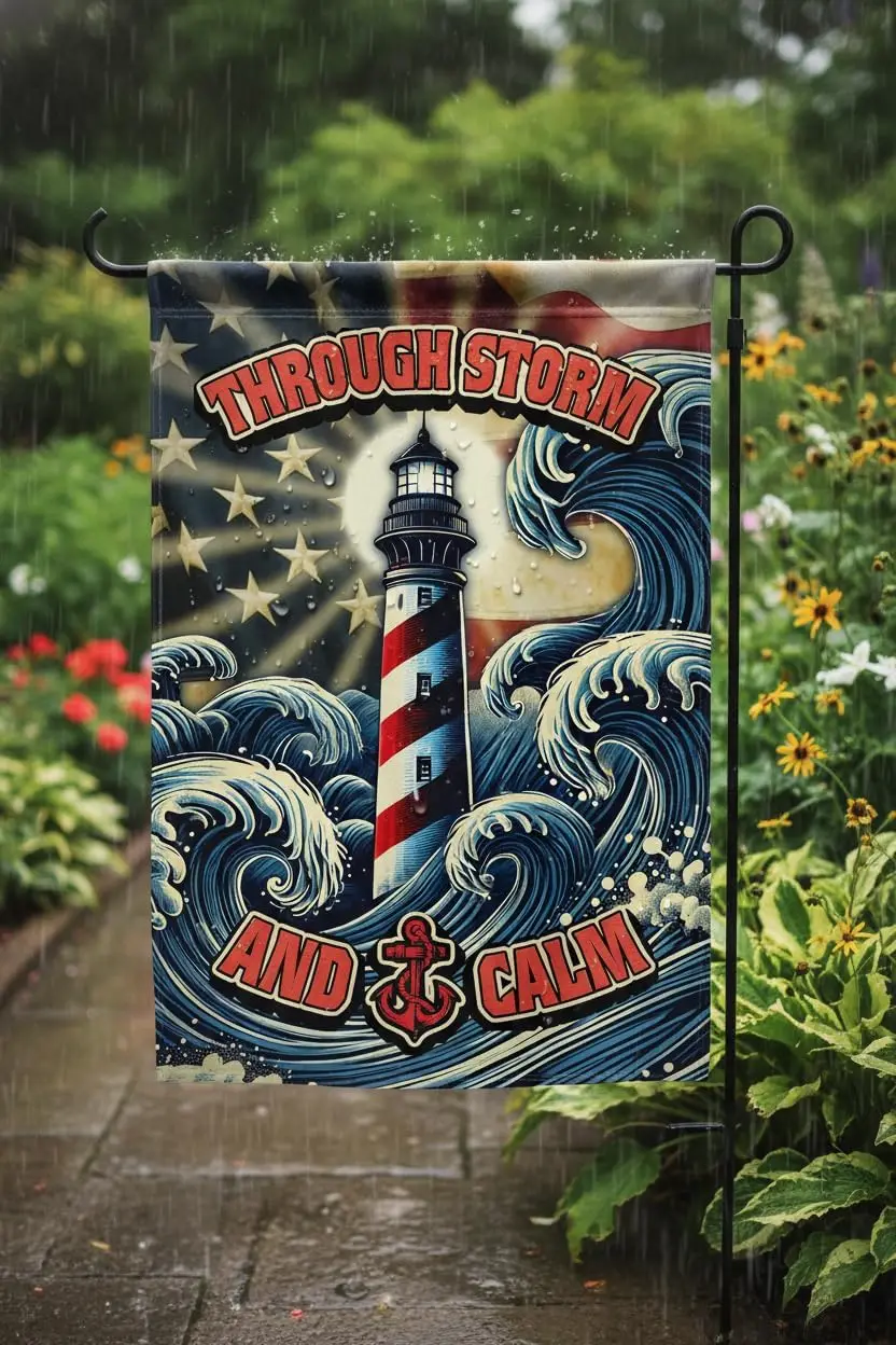 FLAGMEUP8386 Lighthouse Garden Flag, Double Sided 12x18 Inch, Patriotic Nautical Outdoor Yard Banner with American Flag &amp uui