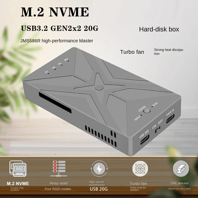 M.2 NVME SSD RAID Array Mobile Hard Disk esterno Box TYPE-C USB3.2 GEN2X2 20G 586R