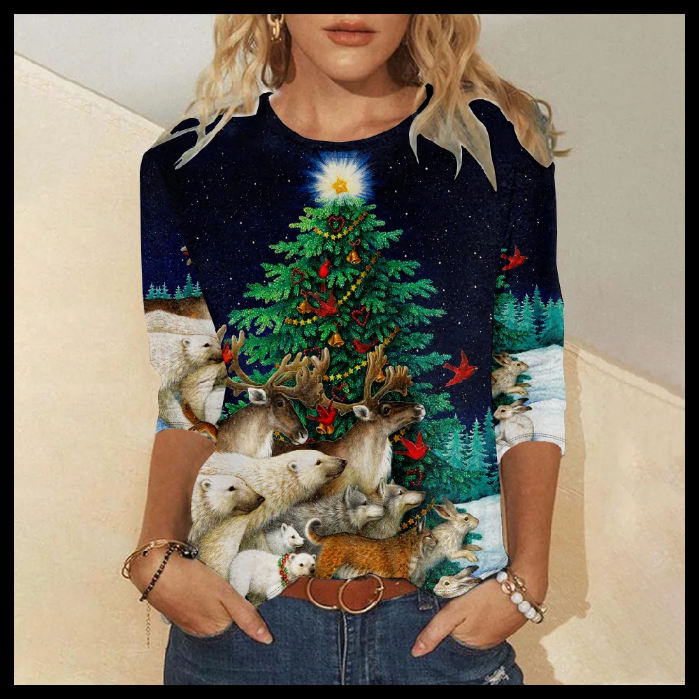 

Tops Long Sleeve T-shirt Autumn Winter Women Christmas Printed Pullover Fashion Casual Tops Tee Shirt
