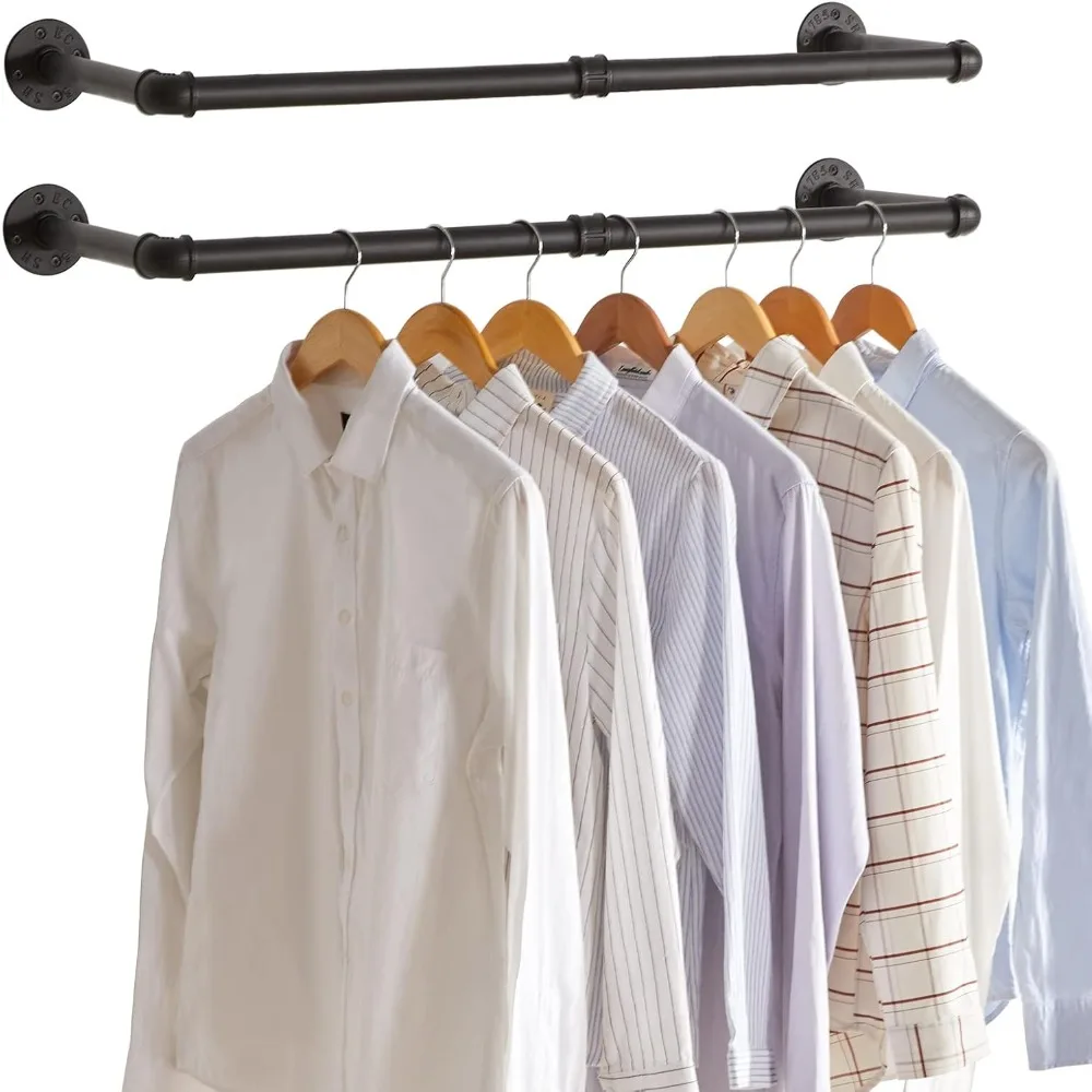 ibuyke-工業用パイプ製洋服掛けセット-2個入り、37インチ壁掛け式衣類ラック、省スペースハンギングクローゼットロッド、頑丈なmu
