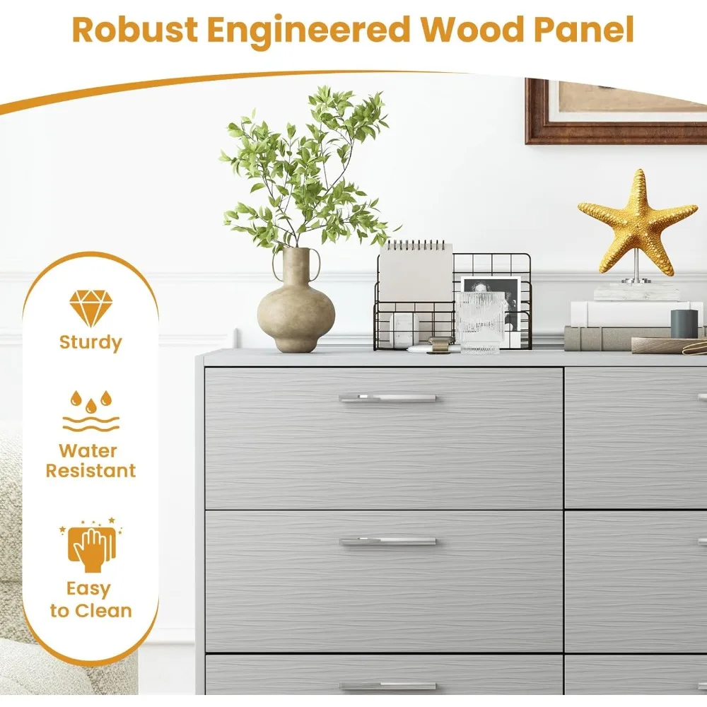 خزانة تخزين مع 6 أدراج وأرجل معدنية ومقابض، وأجهزة مضادة للسقوط، وخزانة مزدوجة واسعة، وطاولة كونسول، وحديثة