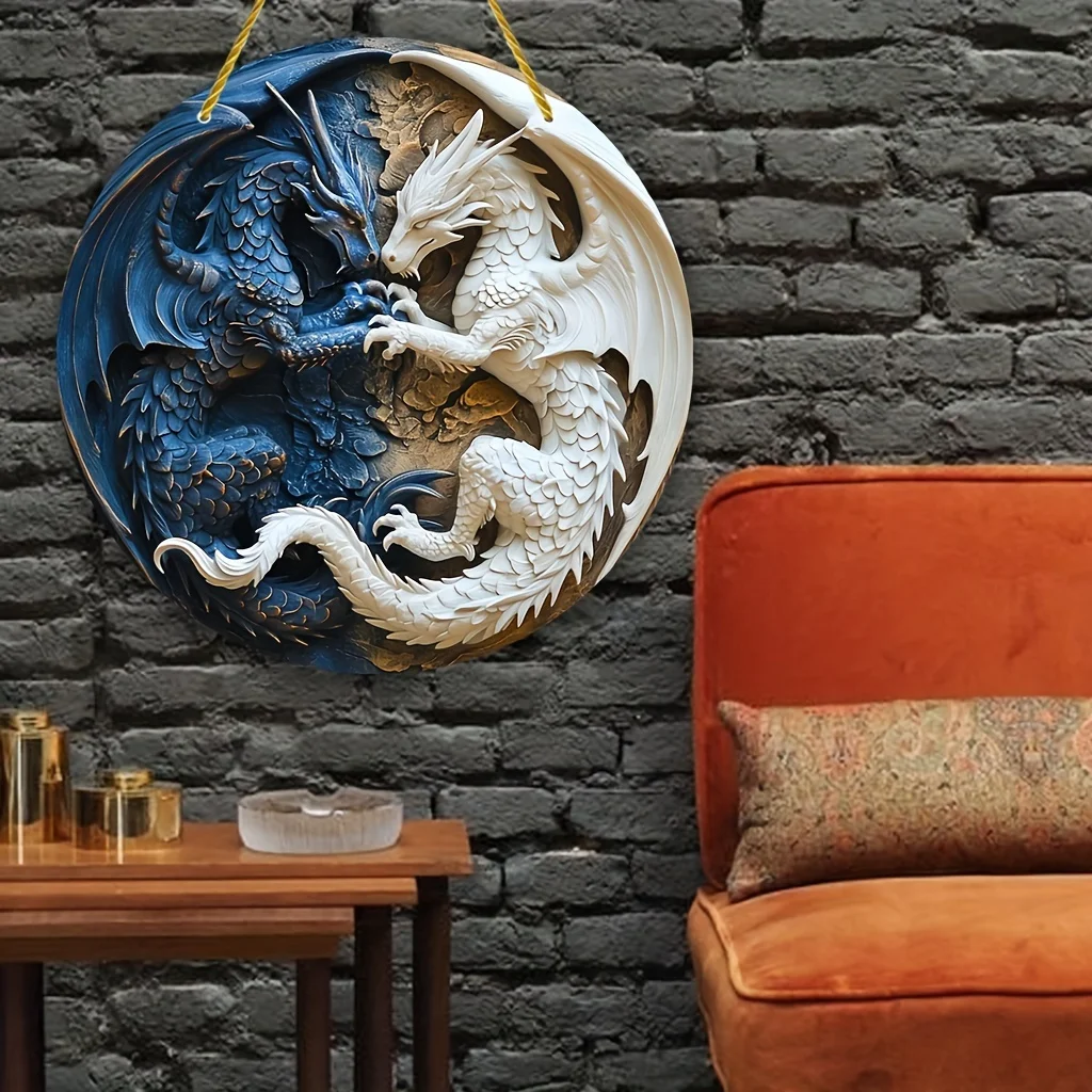 Elevate Your Space: Vintage 8x8'' Tai Chi Dragon & Yin Yang Metal Sign - Perfect for Home, Bar, Garage; Versatile & Classic Deco