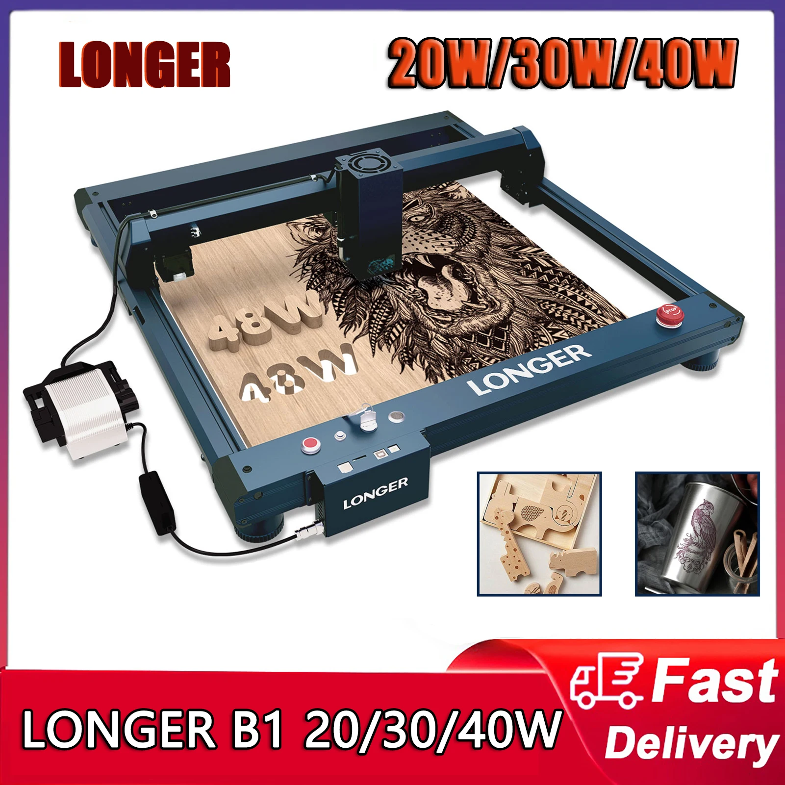 LONGER Laser B1 20/30/40W Laser Engraver with Smart Air-Assist System 450x440mm Work Area High Speed Multi-Color Engraving