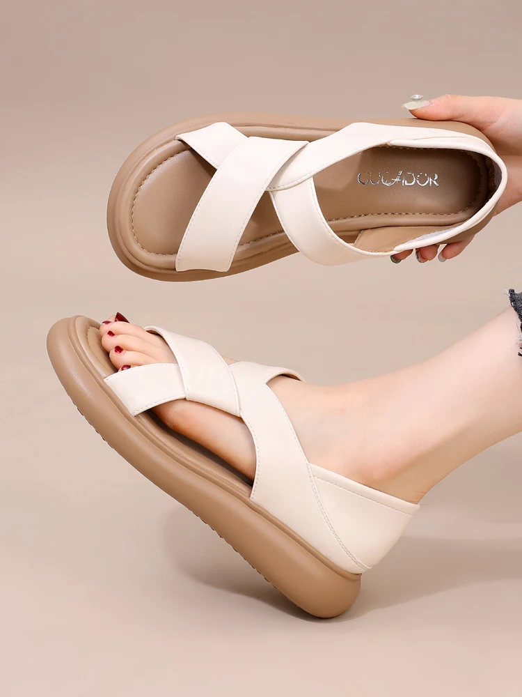 Sandalias Romanas de Cuero Genuino para Mujer, Verano, Exterior, Planas, Suela Suave, Moda, Dos Usos, Transpirables, Caladas