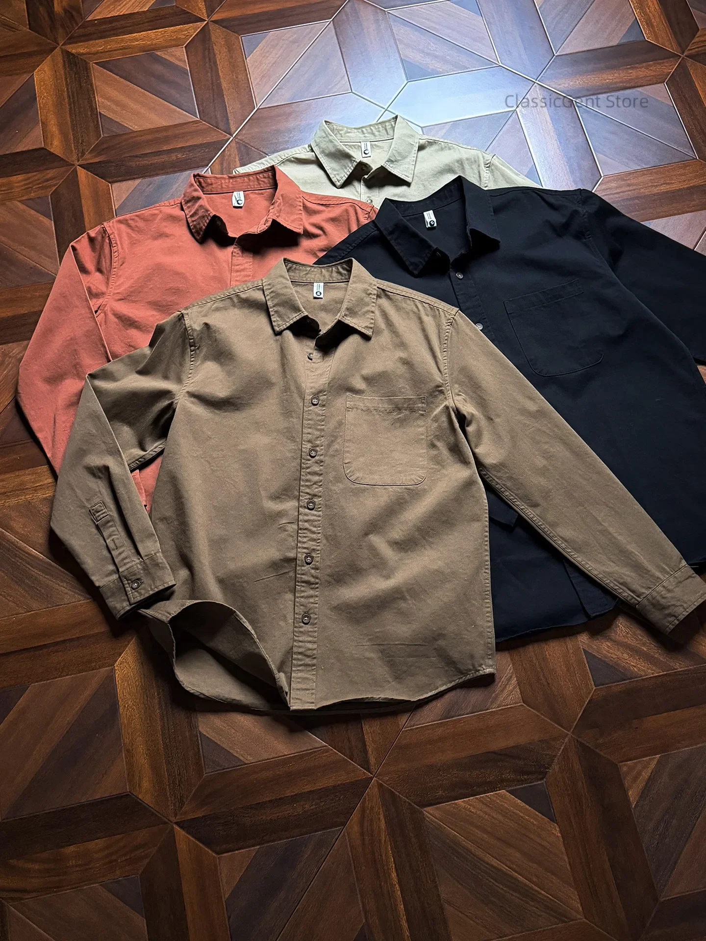 Commuter casual double fit, loose lapel long-sleeved shirt, pure cotton basic tooling shirt