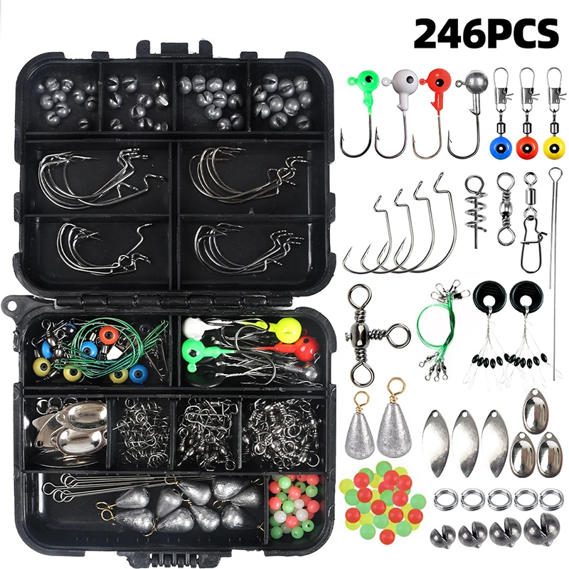 246PCS Outdoor Fishing Accessories Set With Tackle Box Including Plier Jig Hooks Sinker Weight Swivels Snaps Sinker Slides Kit