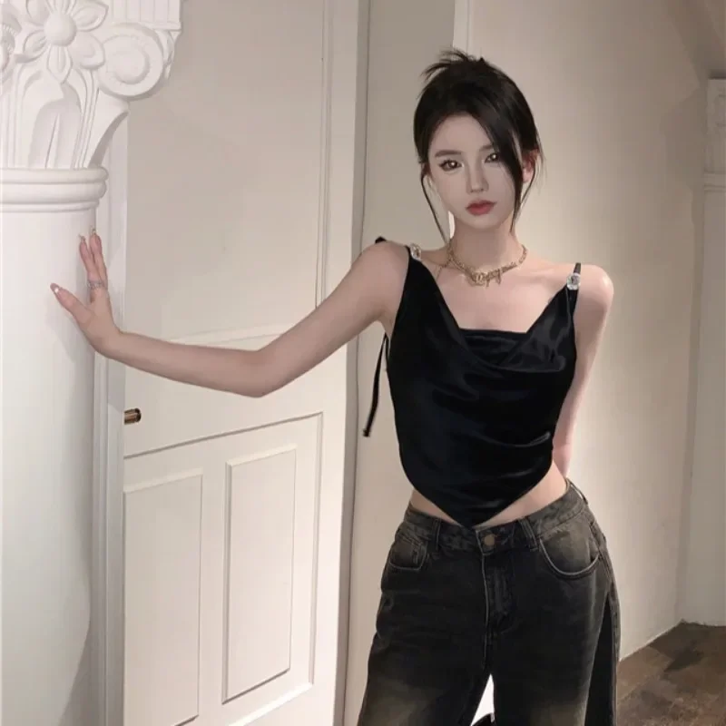 Canotta da donna slim fit in raso capispalla solido senza maniche design semplice piccante da donna temperamento moda coreana accogliente streetwear