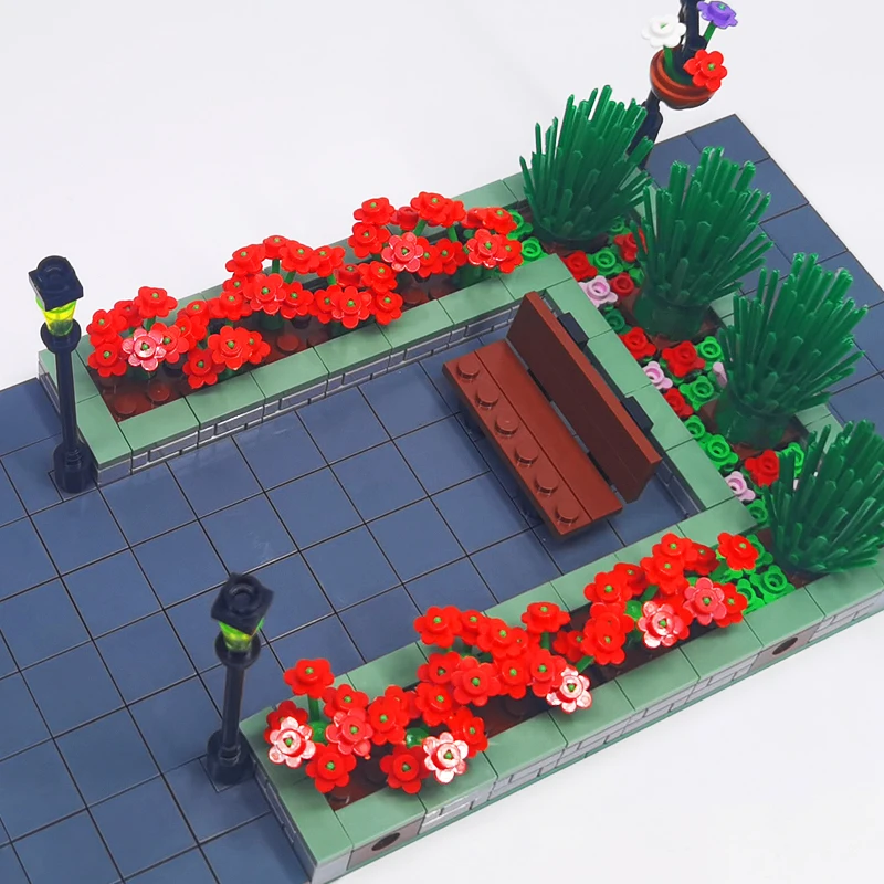 MOC Modell Urban Road Landschaft Street View Park Eine Szene Baum Bank Bausteine DIY Stadt Bau Spielzeug für Kinder – Detail 10
