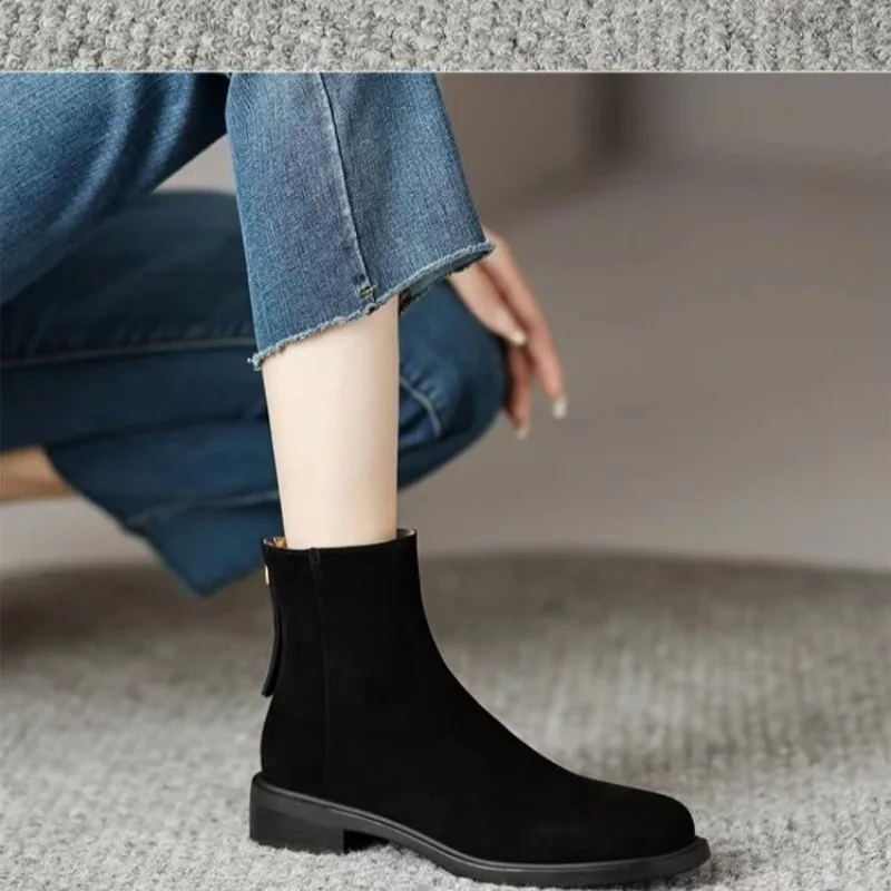 Cow Suede Ankle Modern Boots Spring/Autumn Square Toe Women\'s Shoes on Sale 2024 New Mid Heel Solid Concise Women\'s Boots