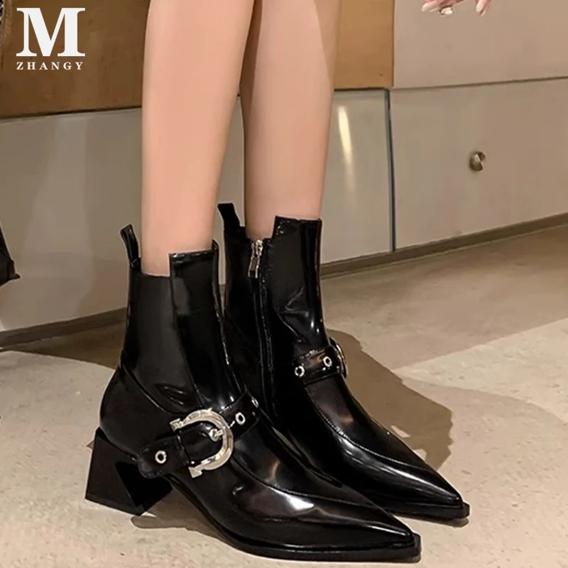 Pointed Toe Women Snow Ankle Boots Mid Heels Fad Shoes Leather Sexy Chelsea Boots 2024 Trend Winter Designer Pumps Botas Mujer