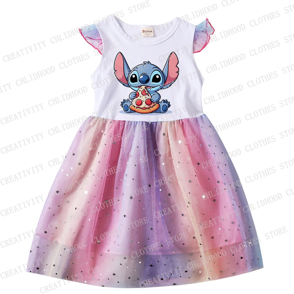 Girl Dress Stitch Summer Children Disney Print Dresses Princess Cartoons Casual Clothes Girls Gauze Flying Sleeve Kid Baby Gifts