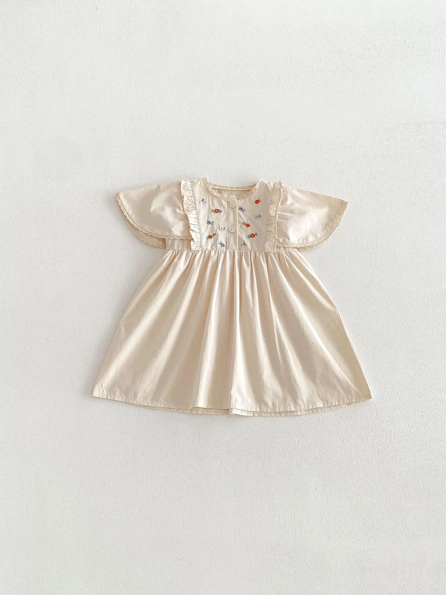 MILANCEL 2026 Summer 9M-4T Baby Dress Cute Thin Girls Flutter Sleeve Dress Cotton Embroidered Flowers Kids Princess Dress
