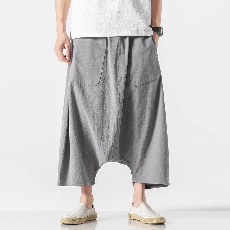 Men's Cotton and Linen Pants, Casual and Loose, Low Crotch Pants, Oversized Japanese Hong Kong Style Cropped Pants,