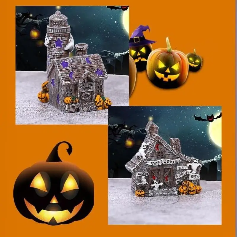 #Halloween Spooky Haunted House Resin Figurine Hand-Carved Mini Ornament for DIY Halloween Collectible Decor