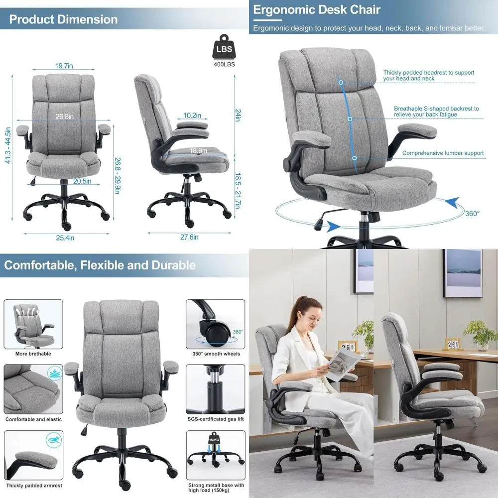 

Эргономичное офисное кресло с высокой спинкой, тканевой обивкой, регулировкой высоты и откидными подлокотниками (серое)