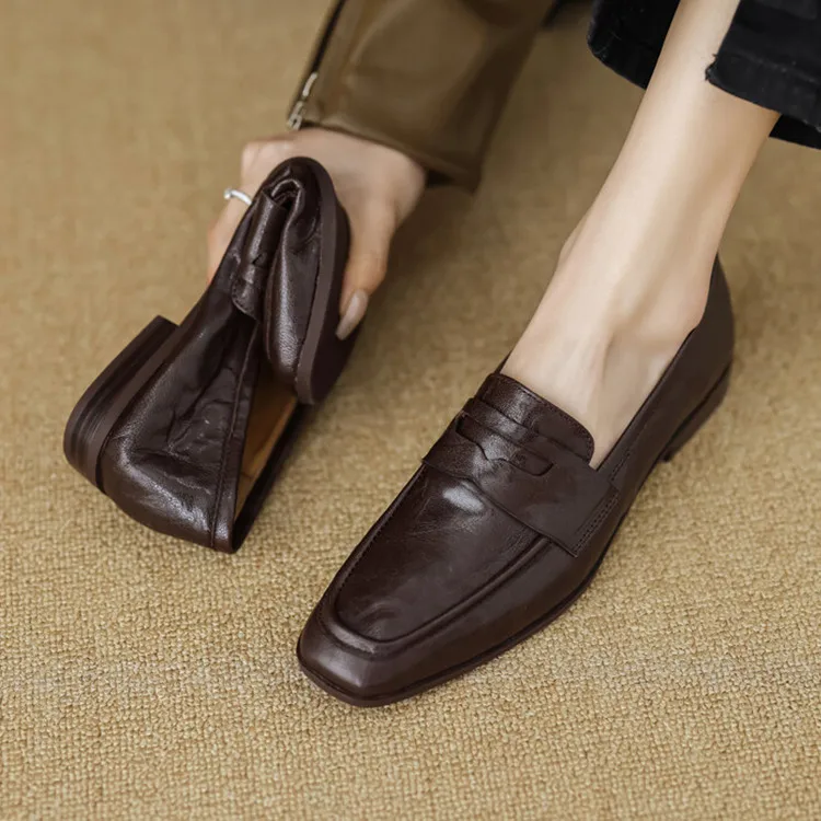 

New2024 Brown Leather Women Flats Slip On Business Work Loafers Black Leather Creepers Breathable Spring Single Sapatos Mujer