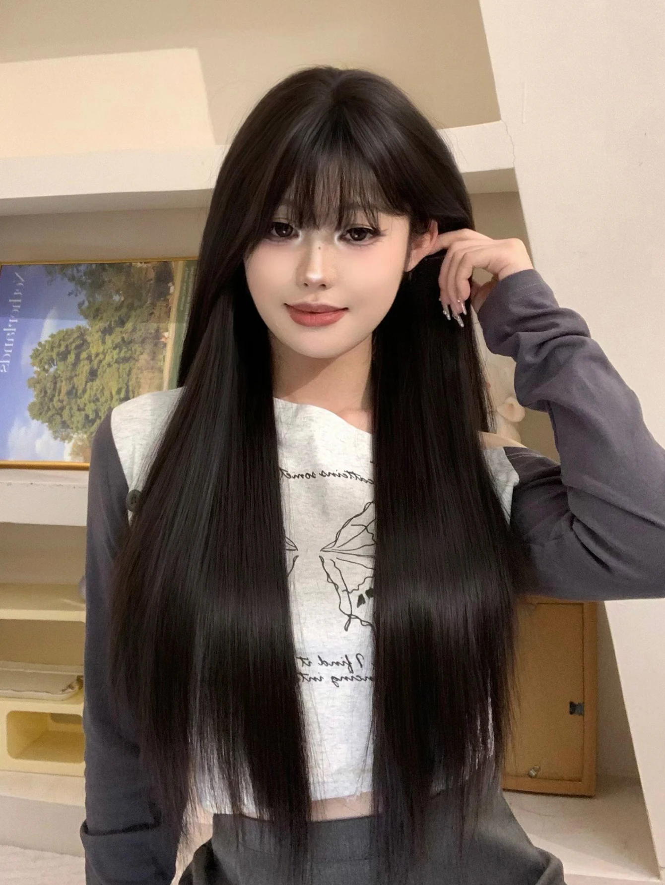 30Inch Natural Black Fashion Synthetic Wigs With Bang Long Natural Straight Hair Wig for Women Daily Use Cosplay Heat Resistant