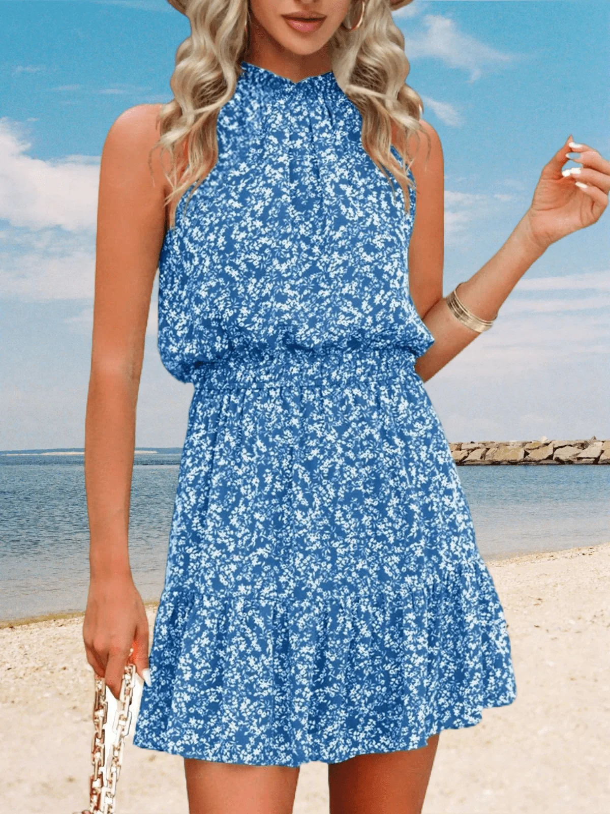 

Blue Floral Halter Neck Sleeveless Summer Dress Flowy Ruffle Mini Dress
