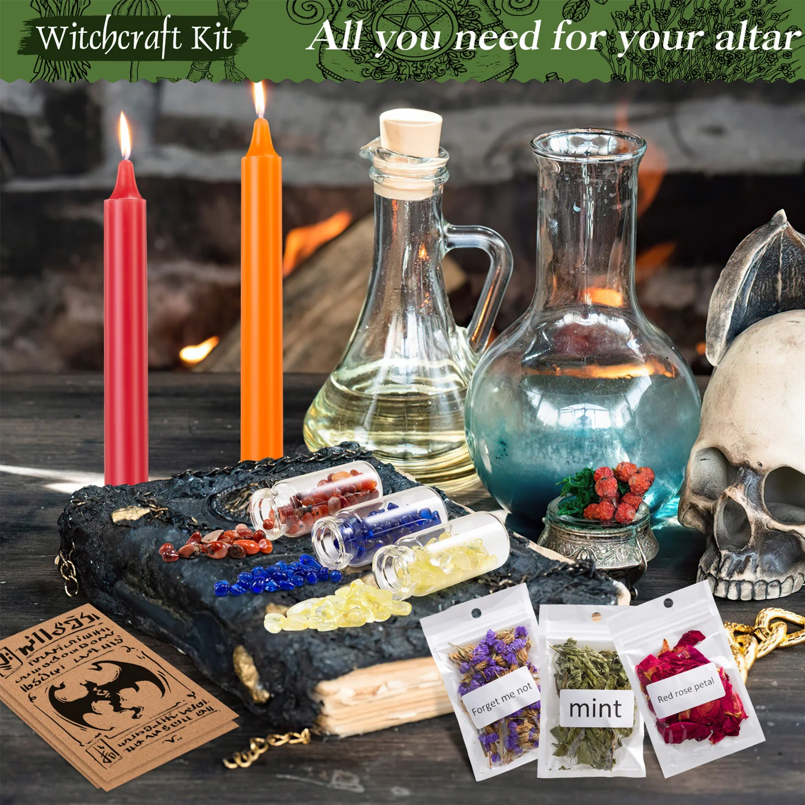 Wiccan Altar Supplies Witchcraft Kit Includes 60 Candles 10 Herbs 10 Crystal Stone 10 Parchment Witch Gift Wiccan Starters Kit