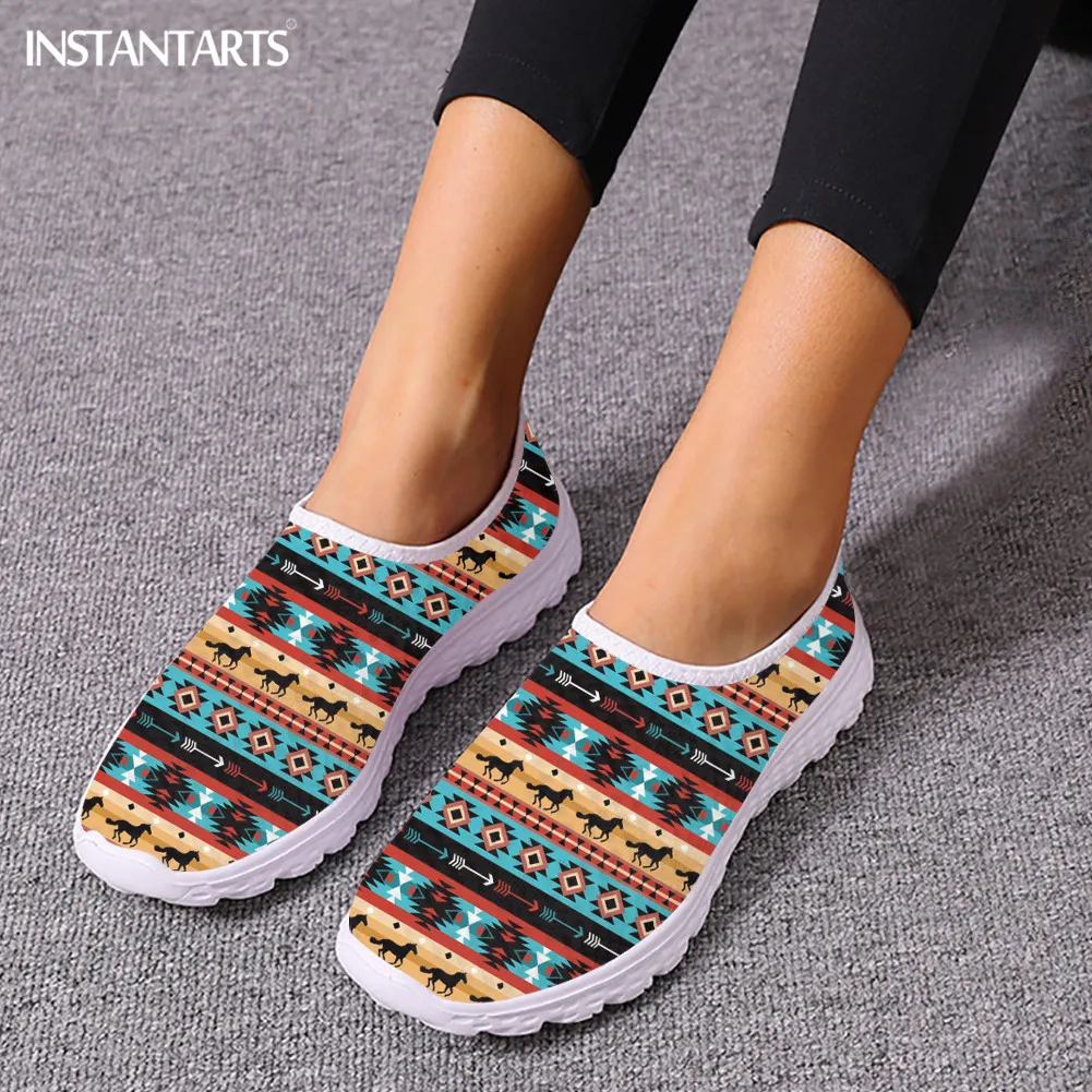 Tribal Aztec Running Horse Summer Mesh Shoes Women Mens Teenager Flat Shoes Lightweight Slip-on Tennis Casual Lazy Footwear Gift