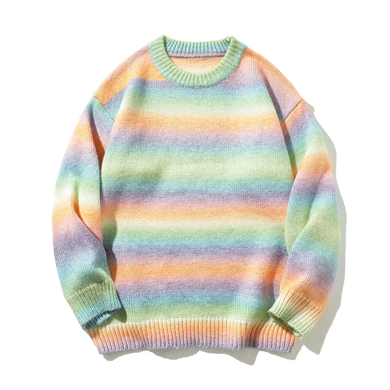 Colorful Stripes Sweaters Men Regular Fit Long Sleeve Graphic Pullovers Soft Comfortable Crewneck Knit Sweaters Male