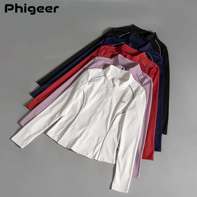 PHIGEER Women Slim Fit Running Jacket Full Zip Up Sports Coat Quick Dry Gym Top with Thumb Holes Stand Collar Athletic Wear
