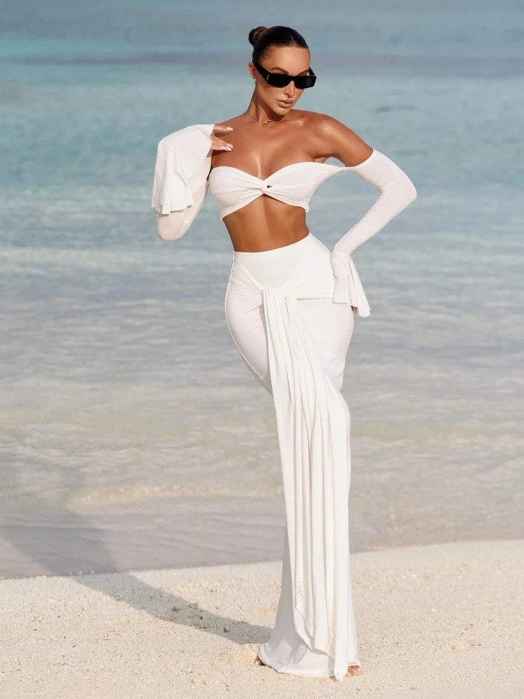 

Women White Skirt Two Piece Set Sexy Off Shoulder Long Sleeves Ruched Crop Top + Long Draped Skirt Suits Evening Party Cocktail