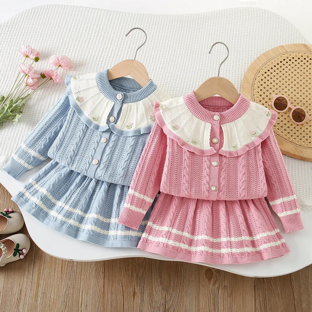 Girls Dress Clothes Sets Spring Autumn Children's Woolen Jersey Sweaters Tops Skirts Princess Suit For Baby Knitted Outfits Kids