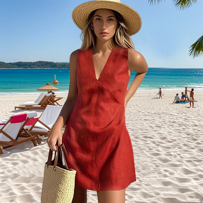 2025 Linen Summer Women Dresses Sexy V-Neck Sleeveless Basic Tank Dress Elegant Party Dresses Chic Boho Red Sundress