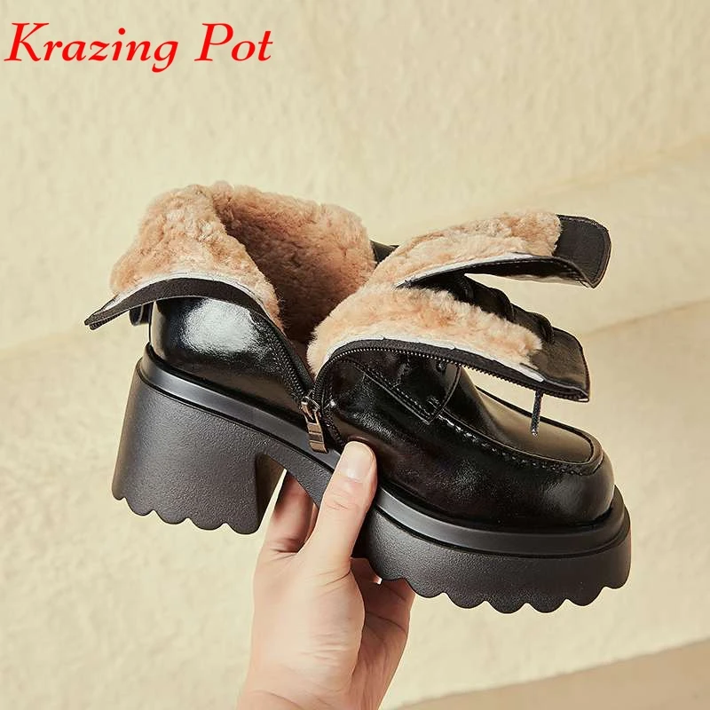 

Krazing Pot Wool Fur Cow Split Leather Round Toe Winter Warm Snow Boots Thick Bottom Waterproof Leisure Punk Style Ankle Boots