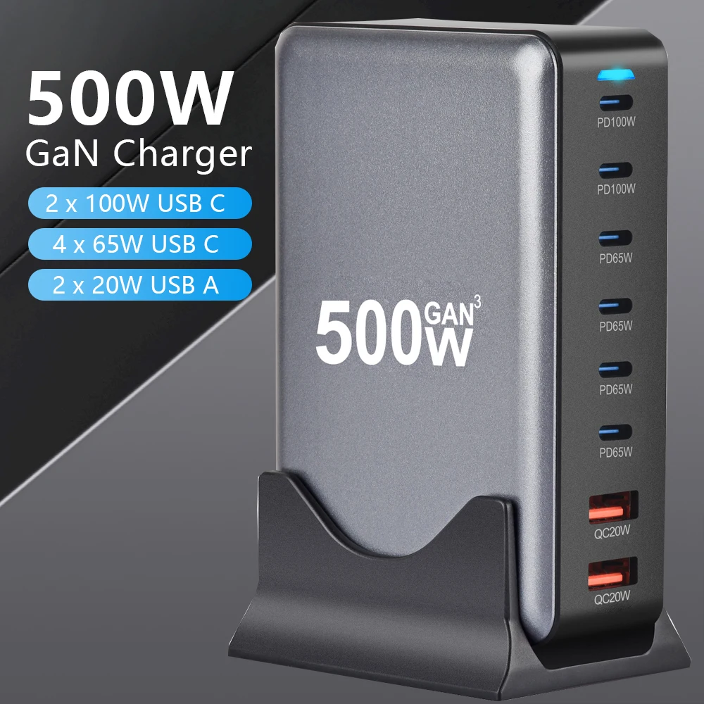 

500W GaN Charger USB Fast Desktop Charging Station 8 Ports 3.0 QC PD USB Type C Fast Charge for iPhone16 15 Samsun iPad Macbook