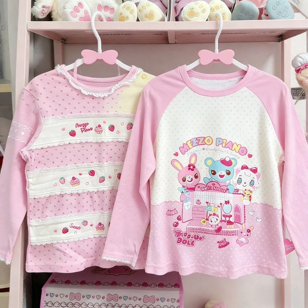 2026 Japanese Woman Kawaii Y2k Harajuku T-shirts Cute Female Patchwork Kawaii Sweet Cartoon Print Stripe Y2k Clothes Top