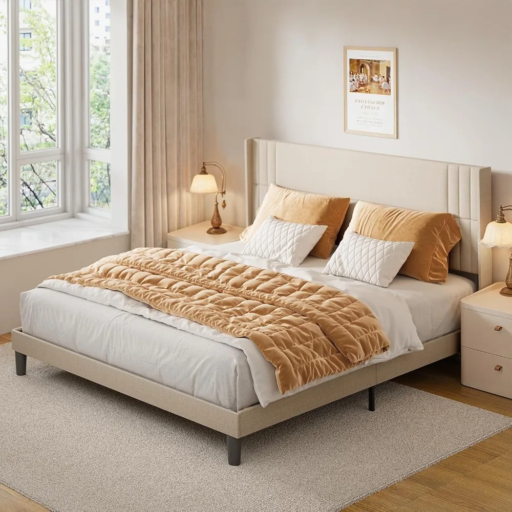 

Gizoon King Bed Frame with Wingback Headboard, Upholstered Platform Bed with Modern Geometric Headboard, Wooden Slats, Noise-Fre