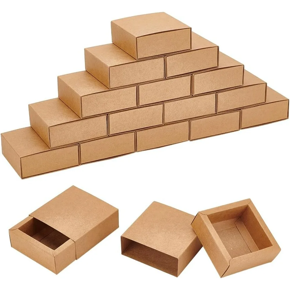 20 Pack Brown Kraft Paper Drawer Boxes 3.2x3.2x1.2 Inch Square Kraft Paper Gift Box Cookie Boxes for Wedding Party Gifts