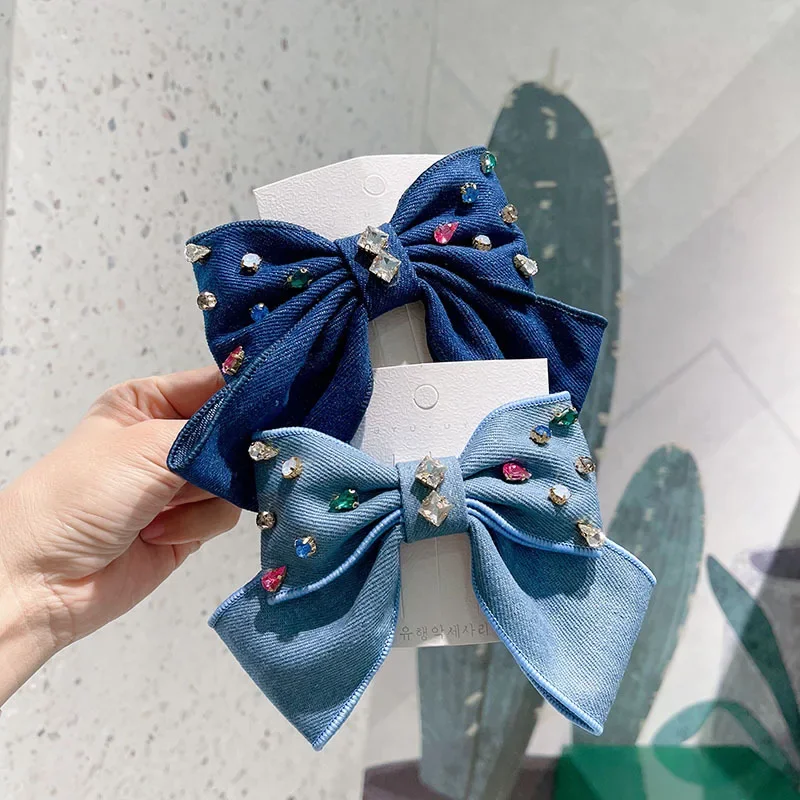 Korean Fabric Bow Hairpins Rhinestone Crystal Hair Clips for Women Spring Clip Ponytail Hair Bows Clip Headwear Hair Accessories