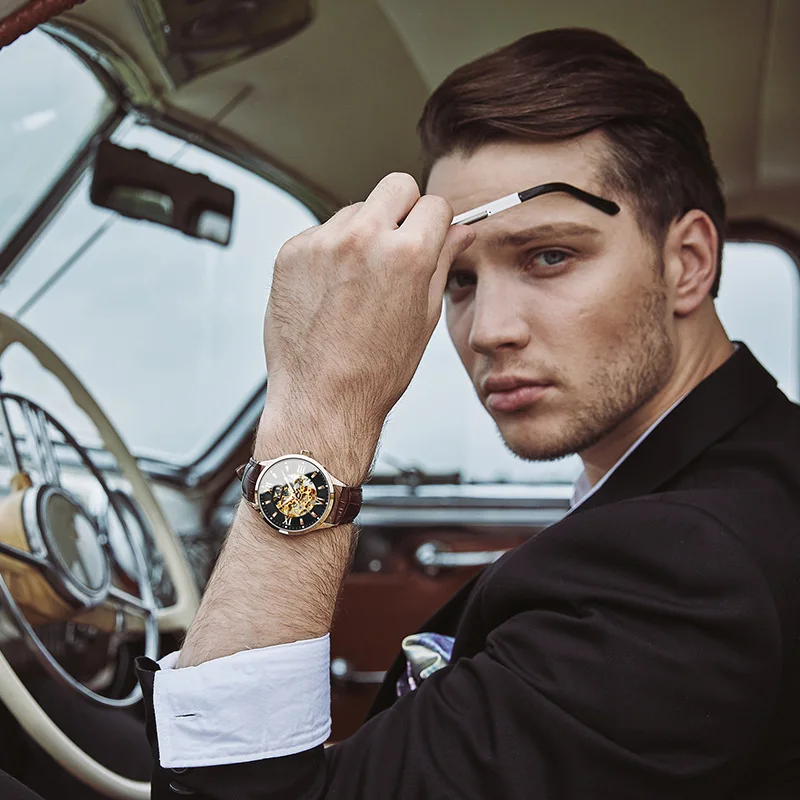 Fashion Hollow Engraving Black Golden Case Leather Skeleton Mechanical Watches Men Luxury Brand Automatic Watch Heren Horloge