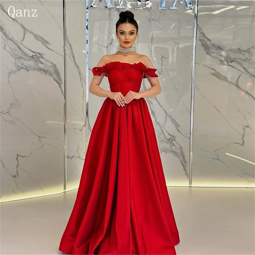 

Qanz Modest Red Evening Dresses Off The Shoulder Satin Floor Length Robe Soirée Dubai Luxe Long A Line Abendkleider Damen 2024